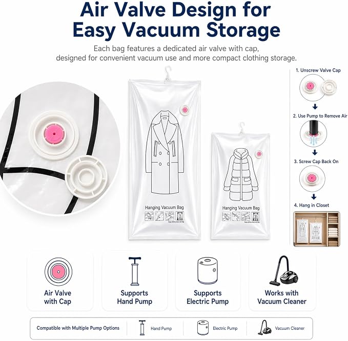 Hanging Vacuum Storage Bags for Clothes, Space Saver Bags for Coats and Winter Jackets, Seal Bags for Clothing, Large Vacuum Bags for Closet Storage, Travel & Seasonal Garment Organization