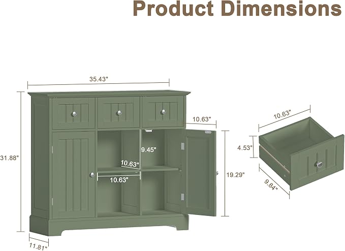ChooChoo 35.4" Coffee Bar Cabinet with 3 Drawers and 2 Doors, Green | Buffet Cabinet with Adjustable Shelves, Storage Cabinet for Compact Kitchens, Dining rooms and Living rooms