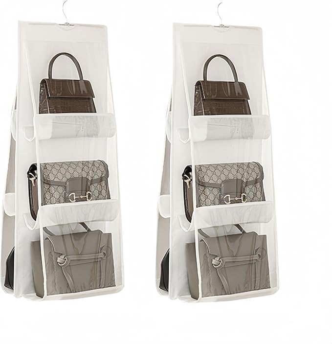 HAN SHENG 6 Pockets Clear Handbag & Purse Organizer Hanging Bag Storage - Space Saving Hanging Shelf for Closet, Wardrobe, Over Door (2 Pack, White)
