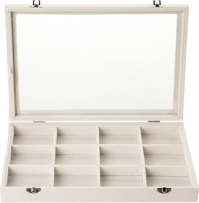Frebeauty 12 Grid Bracelet Holder Box,Velvet Jewelry Tray with Clear Lid | Real Glass Lid,Bracelet Display,Jewelry Organizer for Bangle Brooch,Adjustable Divider,Dustproof Design,13.8×9.5Inches