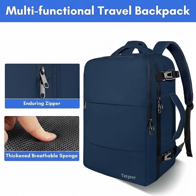 Taygeer Carry On Backpack, 35L Travel Backpack for Women Airline Approved | Laptop Bag with Water Bottle Pocket & Shoe Pouch, Personal Item Mochila for College Business Trip Weekender, Dark Blue