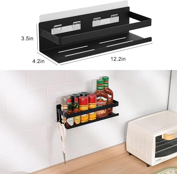 Spice Rack for Rrefrigerator Kitchen Home Organization and Storage Adhesive Rack (2 Pack,Black)