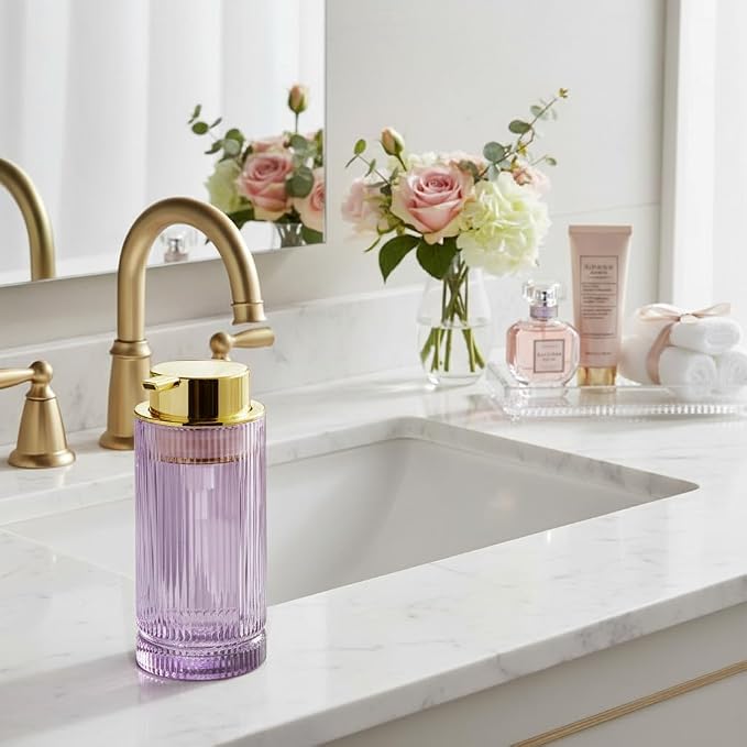 Foaming Soap Dispenser, 14 Oz Glass Foam Hand Soap Dispenser with Gold Pump, Purple Bathroom Refillable Liquid Lotion Pump Container Ribbed Bottle for Kitchen Countertop Decor