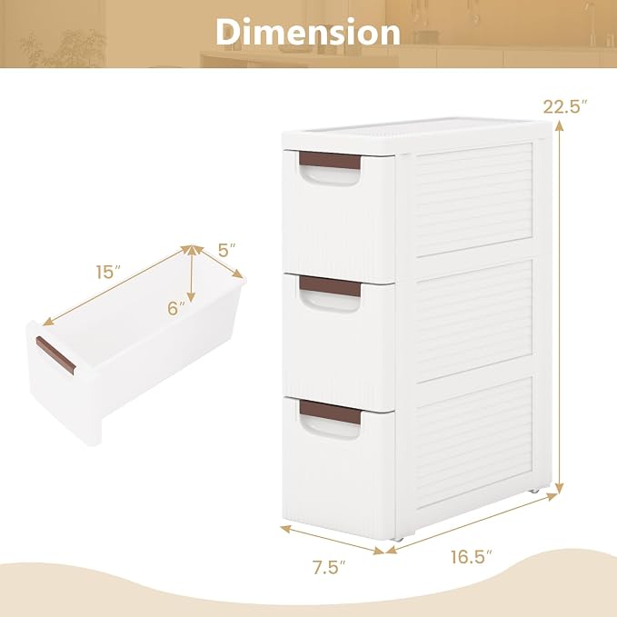 LOKO 3-Drawer Narrow Storage Cabinet, Slim Rolling Cart (7.5"x16.5"x22.5") | Mobile Plastic Cart Container | Pull Handles & Built-in Wheels | For Living Room, Kitchen, Bathroom, Office