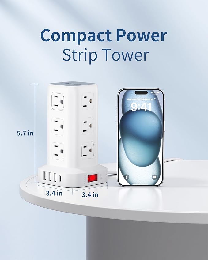 Extension Cord with Multiple Outlets, SMALLRT Flat Plug Power Strip Tower, Outlet Extender with USB 12 AC Outlets, 10FT Ultra Thin Extension Cord for Home Office, Overload Protection