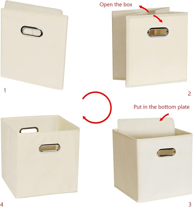 Fabric storage bins Cubes, Fabric Cube Organizer with Handle, Foldable Cube Bins for Cloth or Accessary Storage, 11x11x11, Set of 10, (Creamy White)