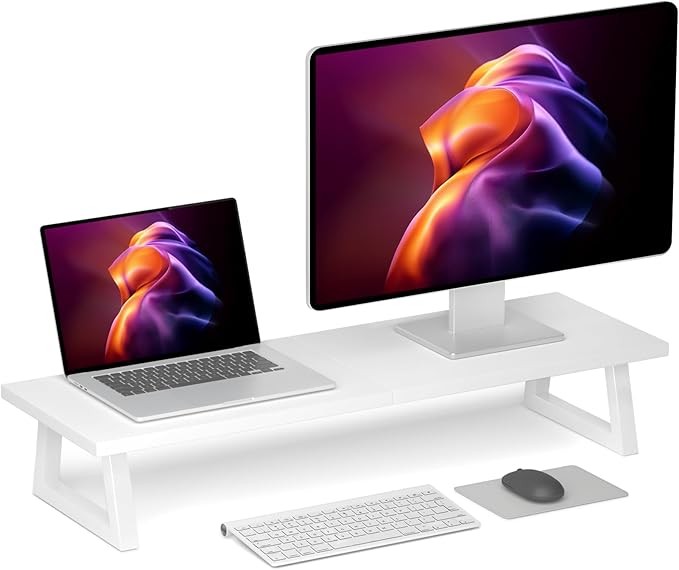 TEAMIX White Dual Monitor Stand Riser, 31.5 inch Long Stand, Desk Organizer | For Computer, Laptop, PC, Printer, Wood & Steel TV Stand, Holds 150lbs, Keyboard & PS5 Storage, For Home Office & Gaming