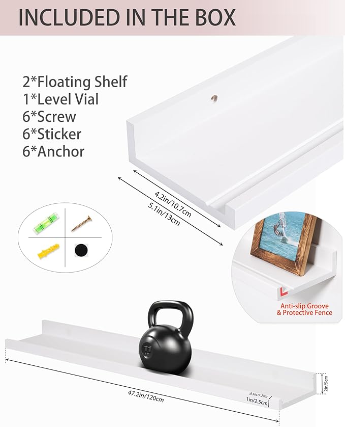 White Floating Shelves for Wall, Wooden Wall Mount Bathroom Shelves with Lip for Bedroom, 48 Inch Farmhouse Picture Ledge Shelf, Hanging Photo Shelves for Living Room Kitchen(White, 2 Pack, 48 Inch)