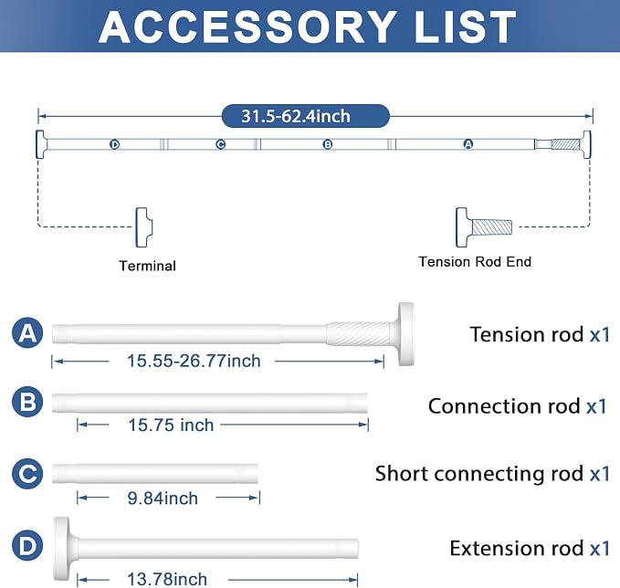 Tension Curtain Rod 32-62Inch White Shower Rod Tension Rod Adjustable Curtain Rods no Drilling Tension Rod for Bathroom,Windows,Closets,Doorway
