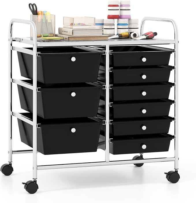 Giantex 9 Drawers Rolling Cart, Classroom Organizers, Storage Cart with Wheels, for Teacher Office Home School Supplies Tool Craft Art Paper, Black