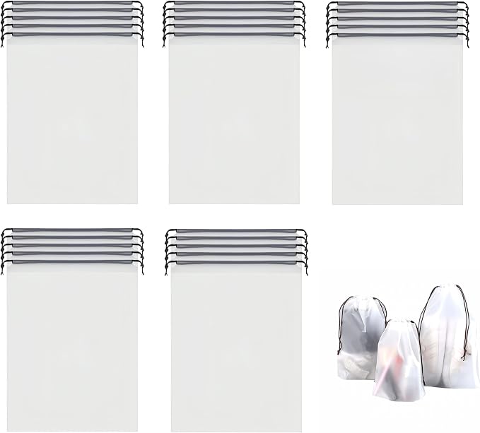 25 Pack Travel Shoe Bags, 15.7" x 11.8" Frosted Transparent Travel Shoe Pouch, Waterproof Portable Drawstring Travel Shoe Bag Organizer, Essential for Travel, Storage for Miscellaneous Items