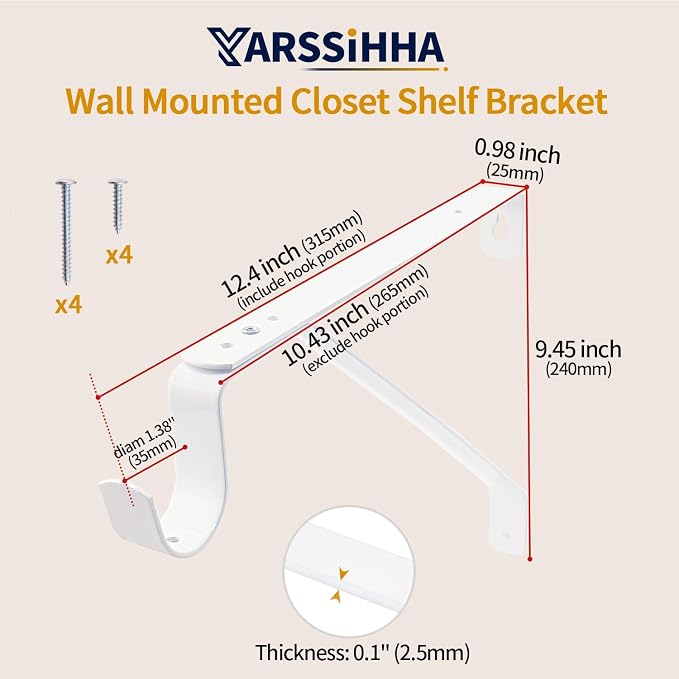 Yarssihha 2 Pack Adjustable Closet Rod Bracket, Wall Mounted Closet Shelf Bracket, White Closet Rod Support Bracket with Screws