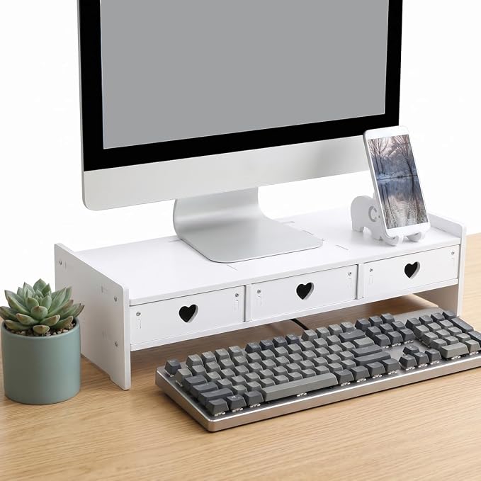 Computer Monitor Riser with Drawer Keyboard Storage Rack for Desk Organization Desk Shelf Organizer for Laptop 19.29 X 7.48 X 3.93 in White Wood-Composite