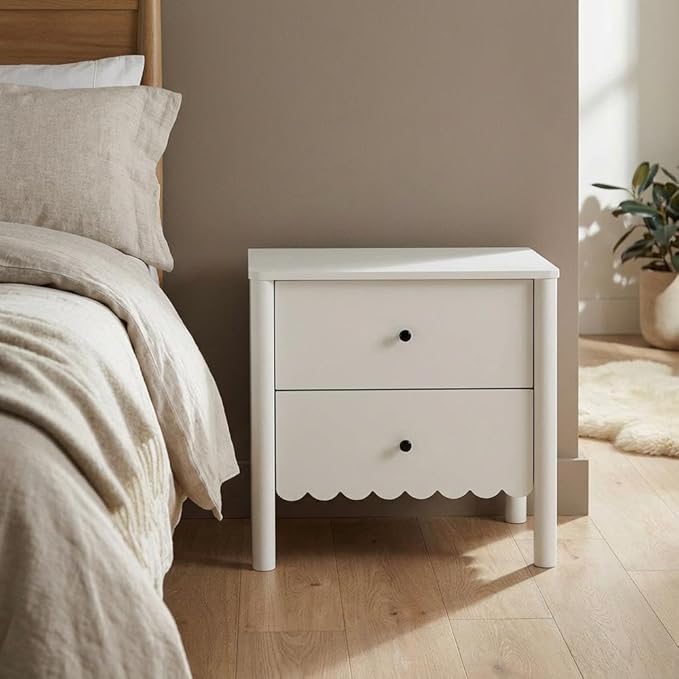 Furnifact White Nightstand, 2 Drawers, Scalloped Design, Spacious Storage, Durable Construction, Elegant Bedroom Furniture, Smooth Drawer Operation