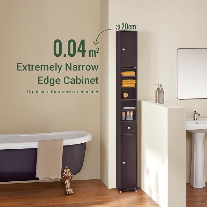 SoBuy Bathroom Storage Cabinet Adjustable Shelves, Tall Narrow, Brown | Freestanding Cupboard With Adjustable Shelves, Space-Saving Storage For Tiny Bathroom Gaps, BZR34-BR