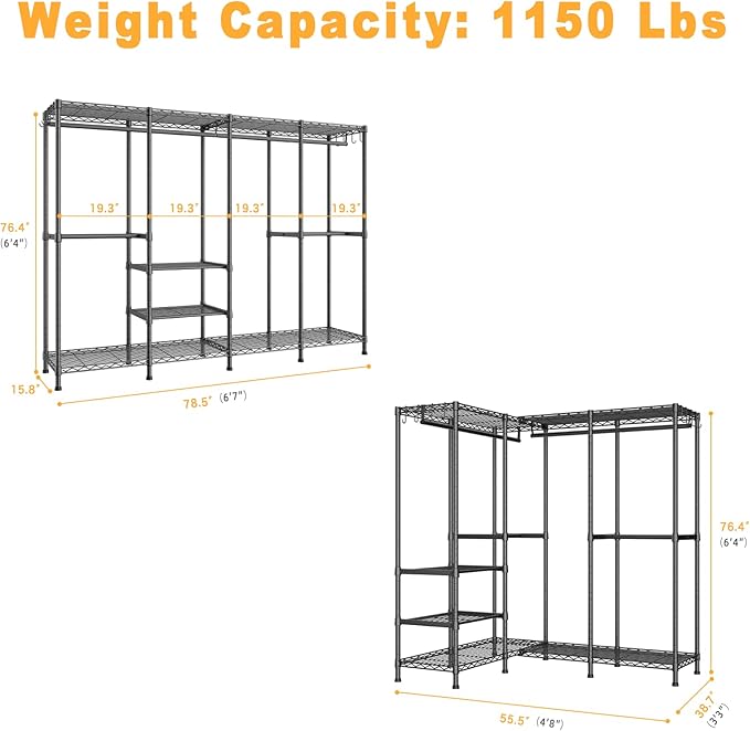 ULIFHOME H41 Garment Rack Heavy Duty Clothes Rack, Clothing Racks for Hanging Clothes, Extra Large Freestanding Portable Closet Wardrobe Rack 78.5'' W × 15.8'' D × 76.4'' H, Max Load 1150 Lbs, Black