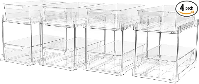 4Pack 2-Tier Bathroom Storage Organizer, Clear Under Sink Organizers Kitchen Vanity Counter Storage Container, Medicine Cabinet Drawers Bins, Pull-Out Organization with Track for Pantry