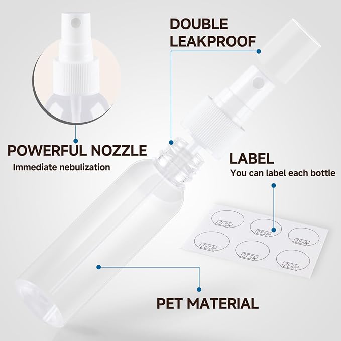 Small Spray Bottles 2OZ, Plastic Travel Spray Bottle, Refillable Mini Spray Bottle for Face, Liquids, Perfume, with Labels (3 Pack)