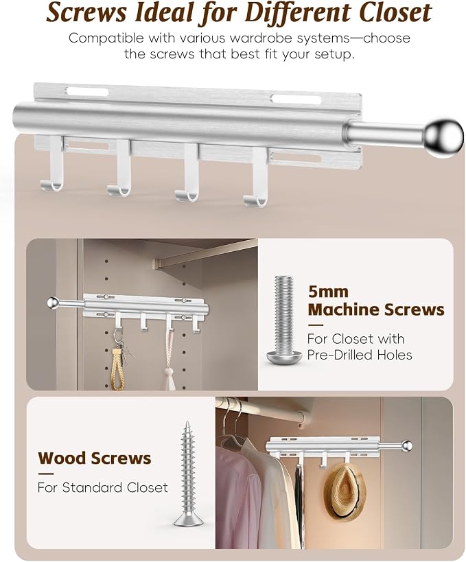 Supforce Valet Rod for Closets, 12" Valet Rod With 4 Hooks, Closet Organizer Slide Out Clothing Hanger Rods Extender Perfect for Suits,Dresses,Belt,Tie, Polished Chrome