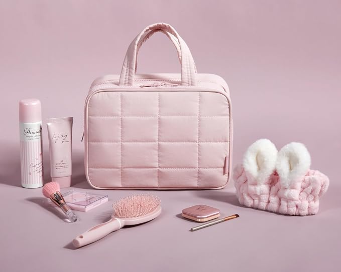 BAGSMART Travel Toiletry Bag with Jewelry Organizer, Hanging Travel Bag for Toiletries, Puffy Makeup Cosmetic Bag Organizer, Carry-on Travel Accessories Essentials, Pink-L
