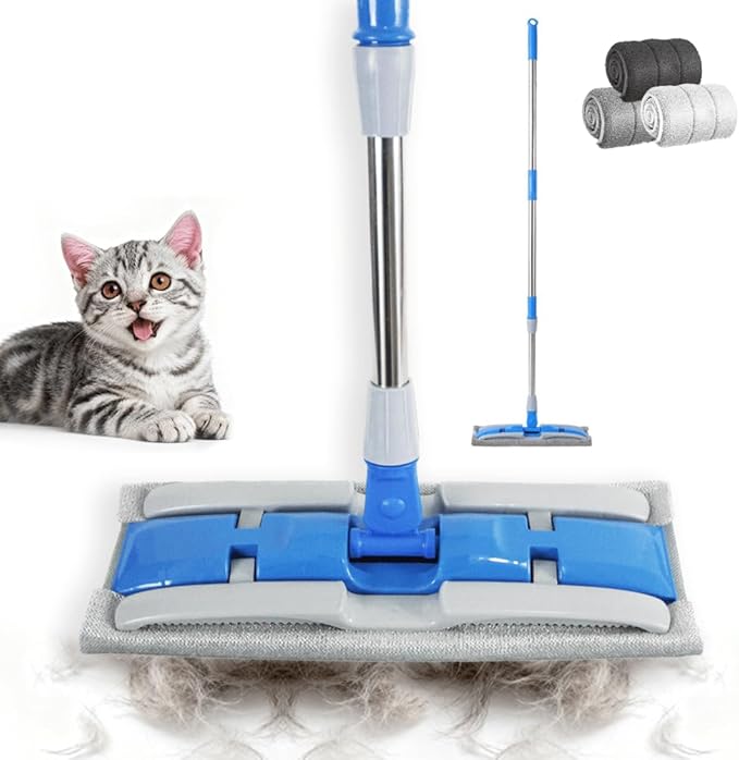 Electrostatic Pet Hair Clip-On Mop,One Swipe Captures All Pet Hair & Dust-2 Reusable Pet Hair Removal Cloths+1 Fiber Cleaning Cloth,57-Inch Adjustable Handle,Suitable for Large Home Areas&Under Sofas