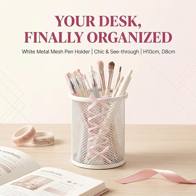Pen Holder for Desk - Cute Ribbon Bow Wire Mesh Pencil Cup, Lace-up Desktop Organizer for Girls & Teens, Decorative Stationery Storage for Home Office (White)