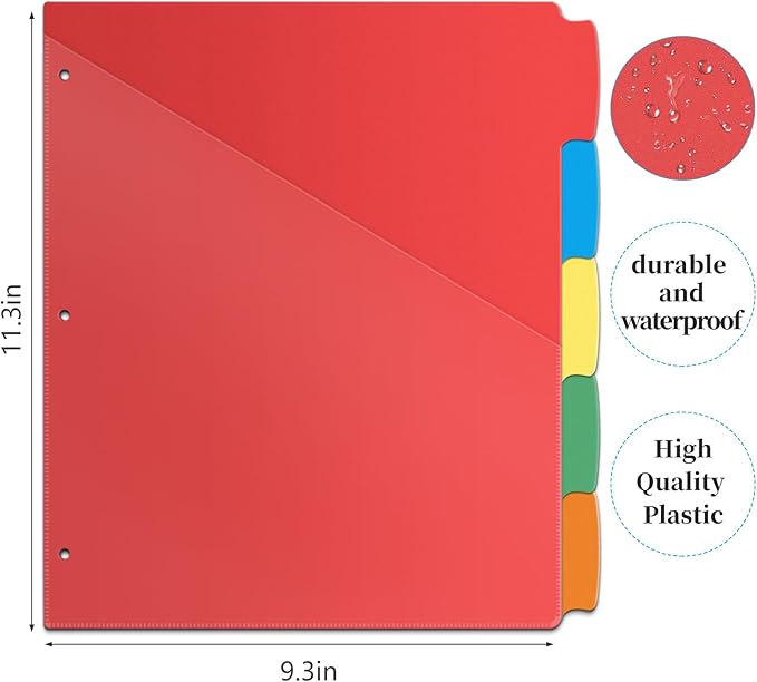 V-Opitos 5-tab Index Dividers with 3 Holes Punched, Set of 3 Plastic Dividers with Clear Front Pocket, Multicolor Dividers for 3 Ring Binders, 15 Pcs Dividers for School & Office Supplies