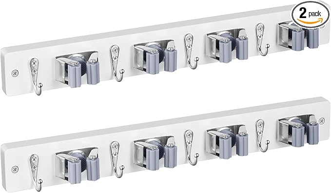 OUTNILI 2 Pack Mop Broom Holder Wall Mount - White Wood Broom Mop Hanger - Wall Mounted Garden Tool Rack Organizer for Closet Garage Laundry Room, 4 Slots & 4 Hooks