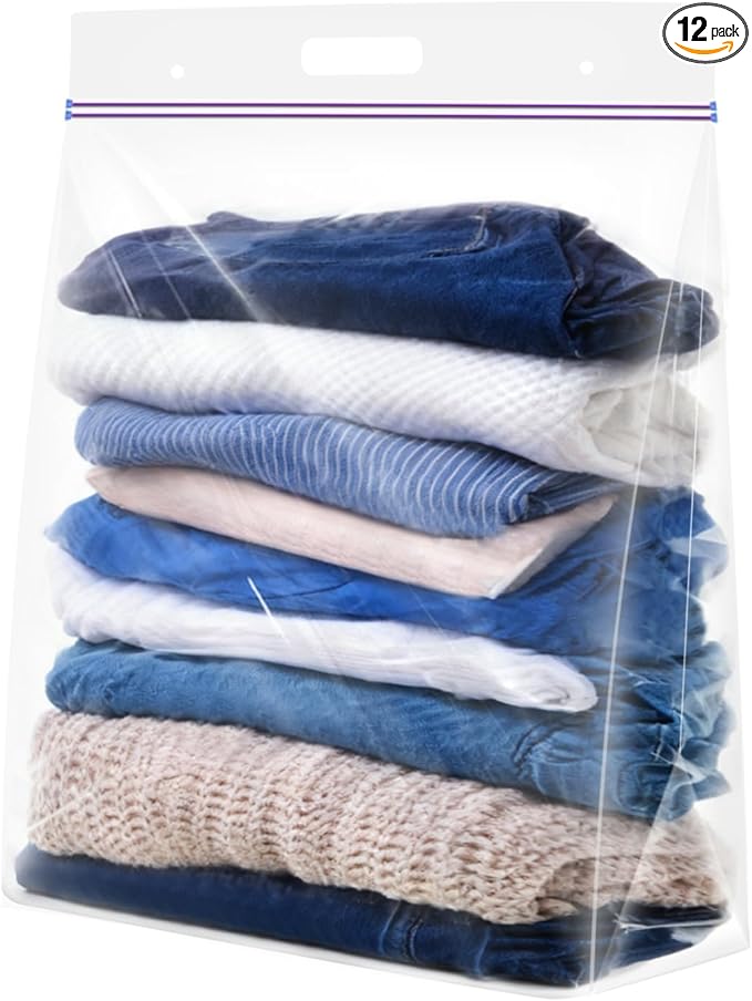 5 Gallon Zipper Bags with Handle and Bottom, Pack of 12, Heavy Duty Clear Handy Plastic Storage Bag, 18"x24" Reusable Large Zip Storage Bag for Sports, Travel, Moving and Clothes, 3-Mil Thick