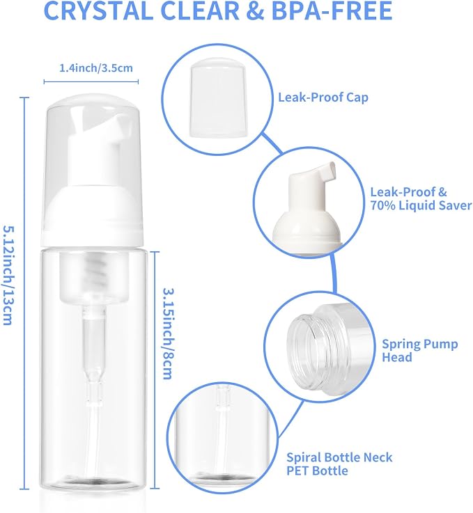 Travel Foam Pump Bottle 2oz - Leak-Proof BPA-Free Foaming Dispenser for Hand Soap, Shampoo, Facial Cleanser | Portable Refillable Containers for Gym, Travel, Home Use (2-Pack)