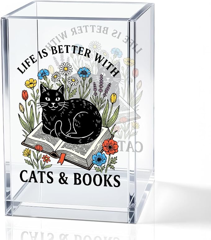 Life Is Better With Cats & Books Acrylic Pencil Holder Cup, Funny Floral Cat Books Desk Organizer for Book Lover Bookish Bookworm Reader, Pet Lover Gifts for Mom Sister BFF, Pencil Cup for Desk