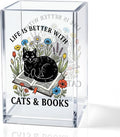 Life Is Better With Cats & Books Acrylic Pencil Holder Cup, Funny Floral Cat Books Desk Organizer for Book Lover Bookish Bookworm Reader, Pet Lover Gifts for Mom Sister BFF, Pencil Cup for Desk