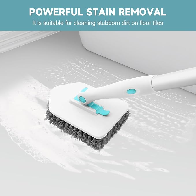 nacena Shower Scrubber with Long Handle, 3 in 1 Tile Tub Scrubber Brush with 3 Detachable Cleaning Heads Adjustable Handle Shower Cleaner Brush for Bathroom, Kitchen, Toilet, Wall, Sink, Blue White