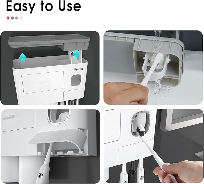 iHave Toothbrush Holders Wall Mounted with Toothpaste Dispenser & 2 Cups | All-in-One Bathroom Organizer: 2 Cups, 6 Slots, Toothpaste Dispenser, Large Tray & Drawer. Wall Mount, No Drilling Required