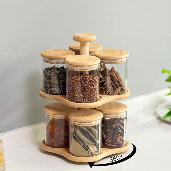 Basicwise Minimalist Two-Tier Bamboo Lazy Susan Turntable with 8 Pcs 12 oz Airtight Lid Glass Jars, Versatile Spice Rack Organizer, Perfect for Kitchen Countertops, Dining Tables, and Pantry Cabinets