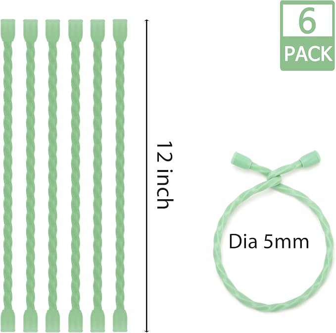 6 PCS 12-Inch Silicone Cable Ties Dia 5mm Reusable Steel-Core Rubber Twist Ties Bendable Cable Ties for Bundling and Holding, All Purpose Cord Tie for Indoor and Outdoor (Green)