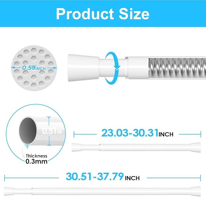 MEXAU 6 Pack White Spring Tension Curtain Rod for Window 23 to 37 Inch Thin Spring Tension Rods Small tension Rod Adjustable Expandable Spring Curtain Rods No Drill for Closet Cupboard Door Doorway