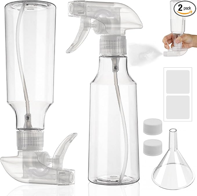 2 Pack 360° Reverse Plastic Spray Bottles 10oz/310ml Empty Spray Bottle Adjustable Nozzle Fine Mist Spray Bottle for Hair Cleaning Solutions Cooking Plant Essential Oils(Clear)