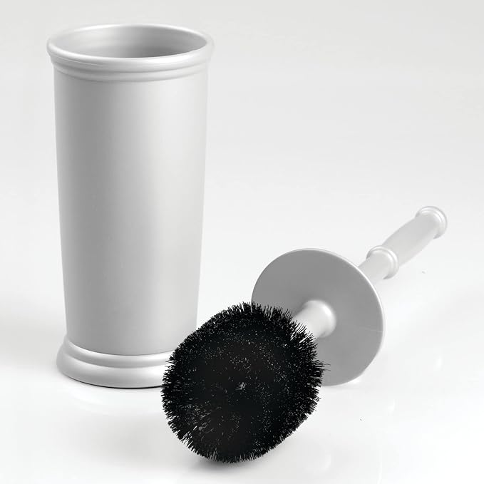 mDesign Compact Freestanding Plastic Toilet Bowl Brush and Holder for Bathroom Storage and Organization - Space Saving, Sturdy, Deep Cleaning, Covered Brush - Silver