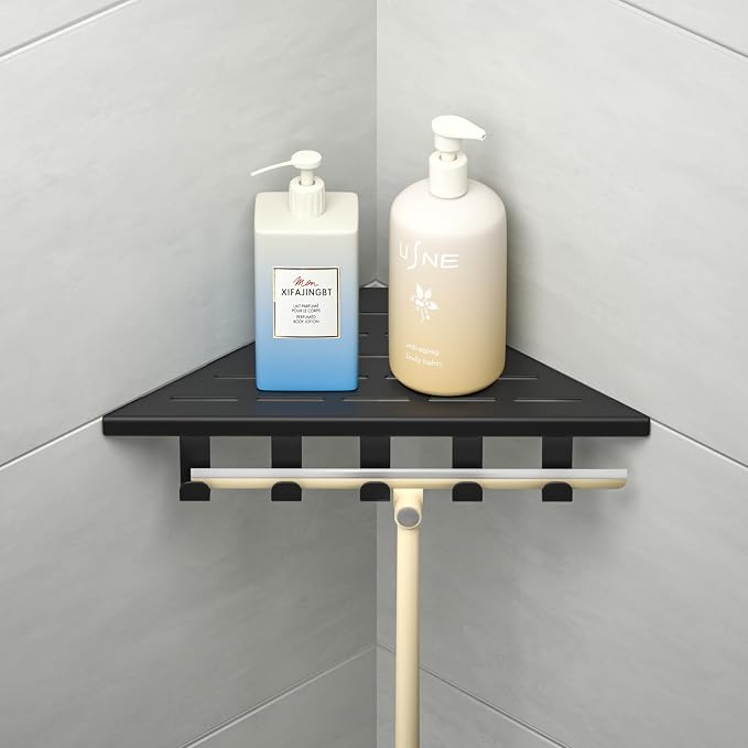 10'' Corner Shower Shelf | 304 Stainless Steel Shelves for Bathroom, Grout in Shelf with Hooks for Tiled Wall (Matte Black)