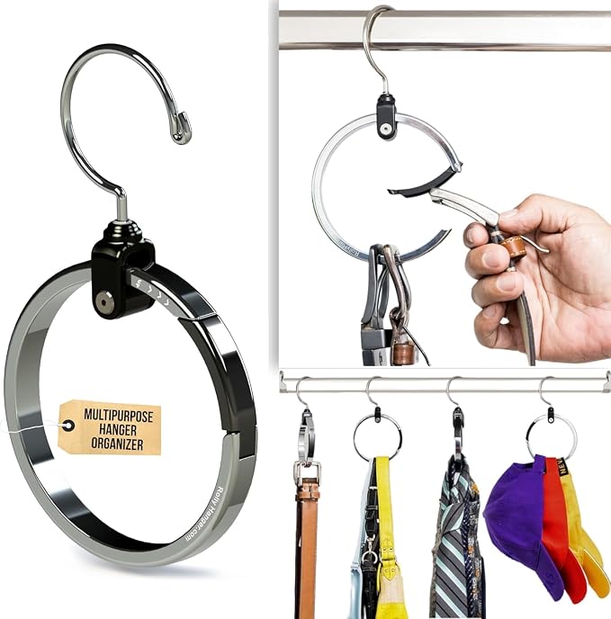 Rolly Hanger® Premium Closet Organizer, Rotating Aluminum Ring Hanger with 360° Swivel Hook, Space Saving Accessory Holder for Belts, Ties, Hats, Scarves, Purses & Handbags | Closet Organizer (1 Pack)