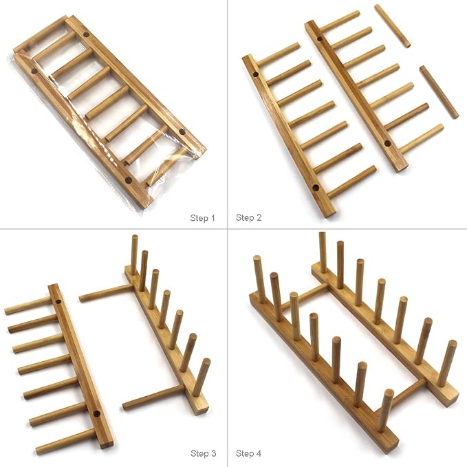 Bamboo Wooden Plate Racks Dish display Holder Kitchen Storage, Pack of 2 | Cabinet Organizer for Dish / Plate / Bowl / Cup / Pot Lid / Cutting Board/ Book (vertical)