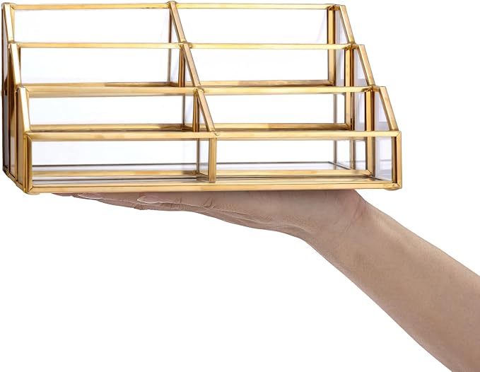 Hipiwe Gold Metal Desk Business Card Holder Glass Name Card Display Organizer 3 Tiers 6 Slot Business Card Stand for Exhibition Office Desktop