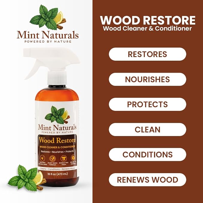 Natural Wood Cleaner & Furniture Conditioner - Plant-Based 16oz | Made in USA by Mint Naturals