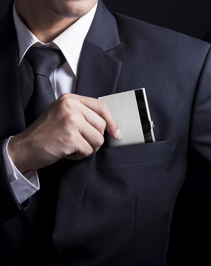 MaxGear Stainless Steel Business Card Holder, Slim Card Case, Silver Mirror | Soft Interior Lining, Buckle Closure, Fits Standard Business Cards and Credit Cards