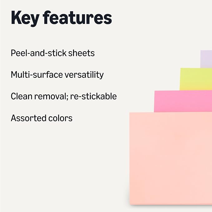 Amazon Basics Square Sticky Notes, Self-Stick Pads, 3 x 3 inches, Assorted Colors, 24-Pack
