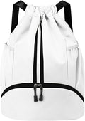 JELUTAR Drawstring Backpack Gym Bag with Shoes Compartment for Soccer, Basketball, Swim, Water-Resistant String Backpack Beach Cinch for Women Men, White