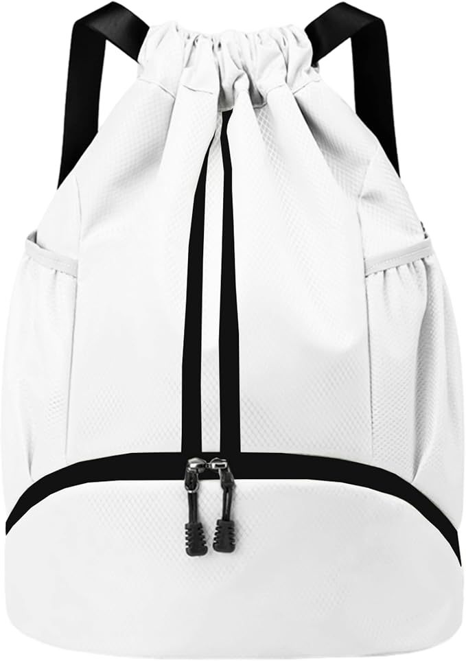 JELUTAR Drawstring Backpack Gym Bag with Shoes Compartment for Soccer, Basketball, Swim, Water-Resistant String Backpack Beach Cinch for Women Men, White