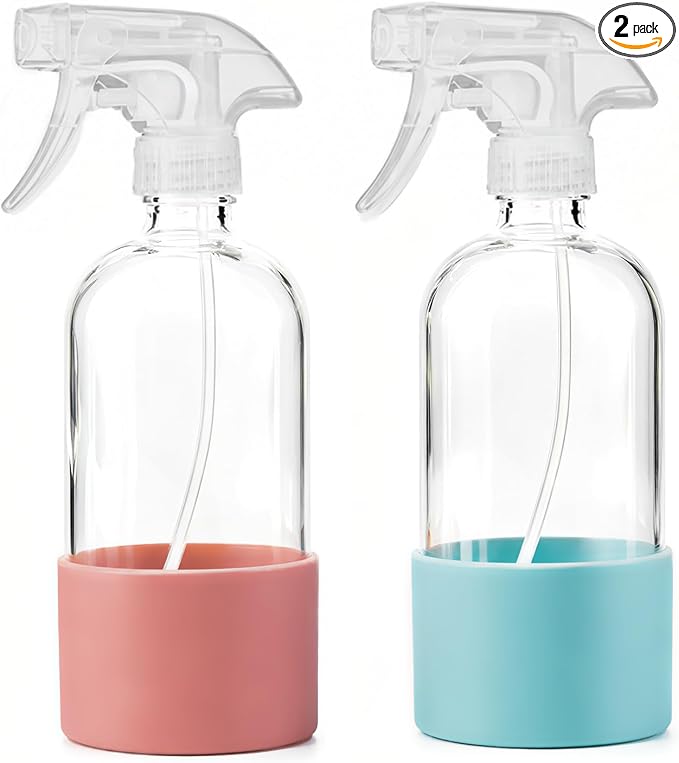 Glass Spray Bottles (2-Pack) with Silicone Sleeve - 16oz Empty Refillable Bottles - Adjustable Nozzle for Hair, Plants, Cleaning & DIY Solutions - Blue & Grey (pink+Green)