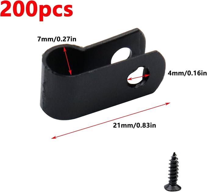 Antrader R Type Cable Clamps,Black Cable Clips for Wire Management,200Pcs | Cable Clamp with Screws,1/4" Clamps Fasteners